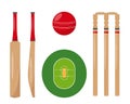 Sport Ball, Bat, Wicket and green Court for cricket Royalty Free Stock Photo