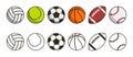 Sport ball set. Game balls icons. Volleyball, tennis, soccer, basketball, american football or rugby and baseball sport equipments Royalty Free Stock Photo