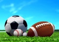 Sport Balls on Grass with Blue Sky Royalty Free Stock Photo