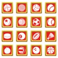 Sport balls icons set red square vector