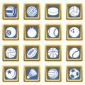 Sport balls icons set blue square vector