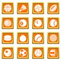 Sport balls icons set orange square vector