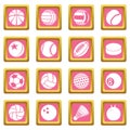 Sport balls icons set pink square vector