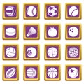 Sport balls icons set purple square vector