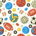 Sport balls seamless pattern. Basketball, rugby ball, football and volleyball games equipment flat vector background illustration Royalty Free Stock Photo