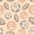 Sport balls seamless pattern. Hand drawn doodle icon football, basketball and soccer background of recreation and leisure. Vector