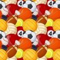 Sport balls seamless pattern, various sports games equipment. Baseball, football, soccer, tennis, hockey cartoon sport