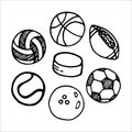 Sport balls set doodle style vector illustration isolated on white Royalty Free Stock Photo