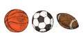 Sport balls set vector illustration isolated on white background. Cartoon icon american football, rugby, basketball and soccer