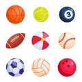 Sport balls. Soccer, basketball, tennis, billiard, football, golf, baseball, volleyball, billiard ball. Vector illustration Royalty Free Stock Photo