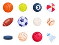 Sport balls. Soccer, basketball, tennis, billiard, football, golf, baseball, volleyball, hockey puck, billiard ball, shuttlecock. Royalty Free Stock Photo