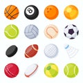 Sport balls. Soccer, tennis, volleyball, baseball and football equipment. Hockey puck and badminton shuttlecock. Flat