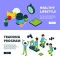 Sport banners isometric. Health exercises fitness athletic peoples sports competition vector 3d illustrations