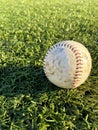 One dirty and used practice baseball sitting on turf in late afternoon sun, casting a shadow.