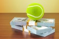 Sport bets. Money and tennis ball on the wooden table, 3D render