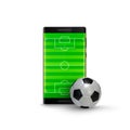 Sport betting online. Mobile phone with football soccer ball and field on the screen. Vector illustration Isolated on white