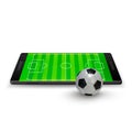 Sport betting online. Soccer onlite. Horizontal mobile phone with football soccer ball and field on the screen. Vector