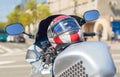 Sport bike with helmet on a city street close up Royalty Free Stock Photo