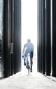 Sport Bike Man Riding Inside Urban Glass Tunnel With Light.