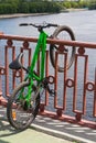 Sport bike parked on a bridge over the river Royalty Free Stock Photo