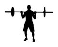 Sport bodybuilding. Strong man with barbell flexing muscles and making shoulder press squat in gym  silhouette. Weightlifter Royalty Free Stock Photo