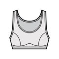 Sport Bra lingerie top technical fashion illustration with wide shoulder straps. Flat brassiere template