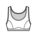 Sport Bra lingerie top technical fashion illustration with wide shoulder straps. Flat brassiere template
