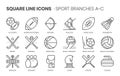 Sport branches related, square line vector icon set