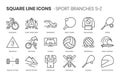 Sport branches related, square line vector icon set