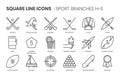 Sport branches related, square line vector icon set