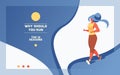 Sport bunner with running girl on gradient background. Vector horizontal design with oversized curvy young woman jogging.