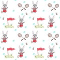 Sport Bunny isolated on white watercolor seamless