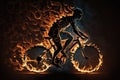 Sport. Burning Bicycle in silhouettes on balck background.Fire and energy Generative AI