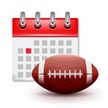 Sport calendar and football realistic foot ball. Month date schedule competition event. Rugby calendar icon