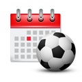 Sport calendar and soccer realistic foot ball. Month date schedule competition event. Football calendar icon