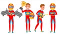 Sport Car Racer Male Vector. Racing Championship. Red Uniform. Poses. In Action. Cartoon Character Illustration Royalty Free Stock Photo