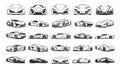 Sport-car sketch set. Super automobile sketching silhouettes, front side back views, supercar lineart design, black on
