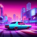 Summer vibes 80s style illustration with car driving into sunset. Synthwave car in the road, synth-wave cyberpunk city.