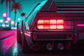 sport car on synthwave city background. retrowave style, neon lights