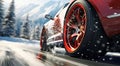 Sport Car Wheel Detail on Icy Winter Road. Generative ai