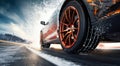 Sport Car Wheel Detail on Icy Winter Road. Generative ai