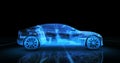 Sport car wire model with blue neon ob black background