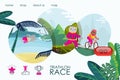 Sport cat triathlon race, landing banner vector illustration. Athlete cartoon animal healthy training, exercise training