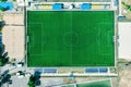 Sport center during training of the football team. players are playing a soccer match. aerial top view Royalty Free Stock Photo