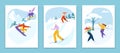 Sport character man, woman person winter physical activity event card, gift voucher skiing workout flat vector Royalty Free Stock Photo