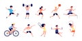 Sport children. Cartoon dance girls. Child with basketball ball, playing soccer raises barbell. Young healthy childhood Royalty Free Stock Photo