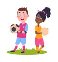 Sport children. Cute cartoon boy girl with balls. Summer training in football camp, international kids vector