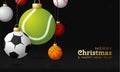 Sport christmas greeting card. Christmas card with sport baseball, basketball, football, tennis, cricket, soccer, volleyball, Royalty Free Stock Photo