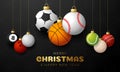 Sport christmas greeting card. Christmas card with sport baseball, basketball, football, tennis, cricket, soccer, volleyball, Royalty Free Stock Photo