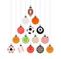 Sport Christmas illustration. Creative Xmas tree made by football, soccer, basketball, cricket, golf, baseball, tennis ball. Royalty Free Stock Photo